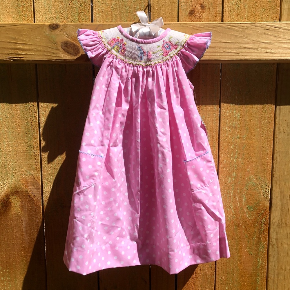 Vive La Fete The Princess Arrives Bishop/Angel Style Smocked Pink PolkaDot Dress